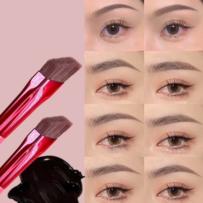 Cosmo angled eyebrow brush for concealer with red handle shown alongside before and after eyebrow makeup application