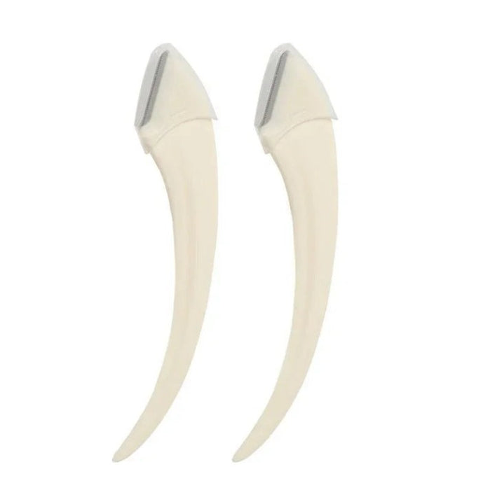 Set of two white eyebrow trimming knife tools with curved handles for precise grooming