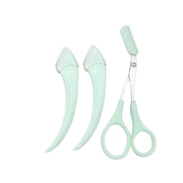Eyebrow trimming knife set with green precision scissors and protective caps for grooming