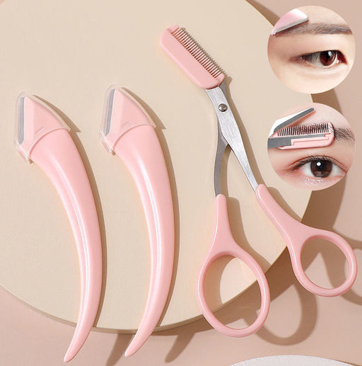 Pink eyebrow trimming knife set with protective covers and small scissors for precise eyebrow grooming