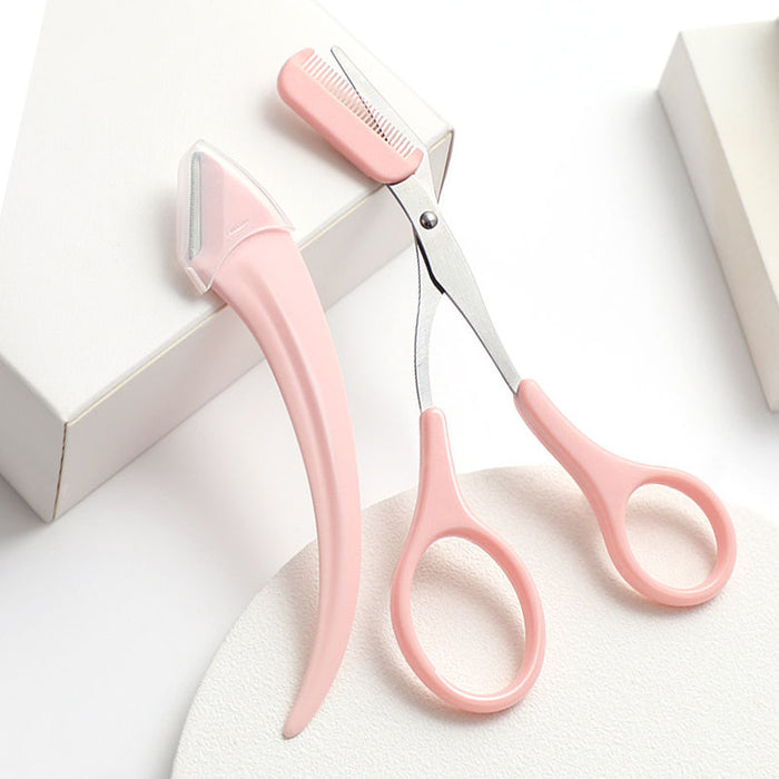 Pink eyebrow trimming knife and precision scissors set for grooming and shaping eyebrows