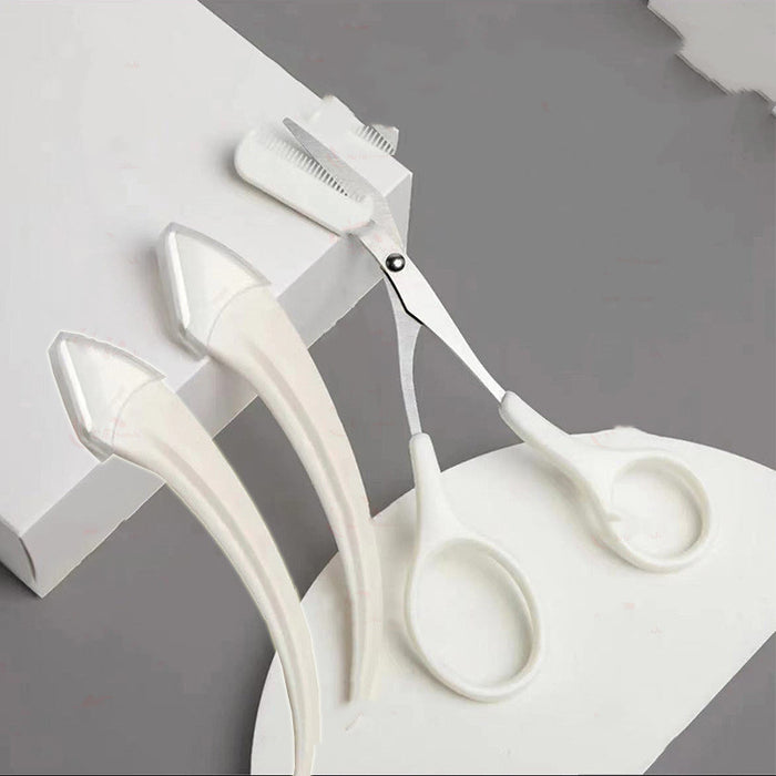 White eyebrow trimming knife and small grooming scissors with comb for precise eyebrow shaping