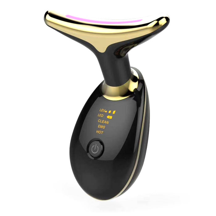 Black and gold EMS wrinkle remover device with LED display and power button for facial care