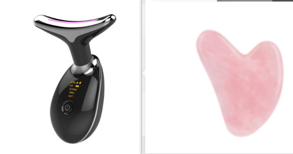 Black EMS wrinkle remover device with LED display and pink heart-shaped facial massage tool