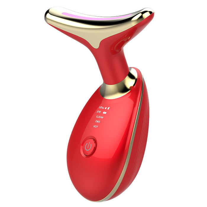 Red and gold EMS wrinkle remover device with ergonomic design and power button for facial care