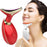 Red EMS wrinkle remover device with gold accents shown next to woman using white version on her chin