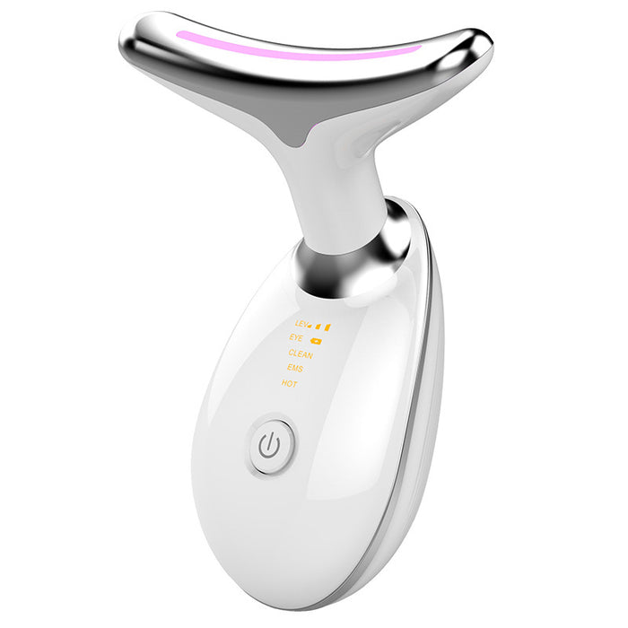 White and silver EMS wrinkle remover device with curved metal head and power button for facial treatment