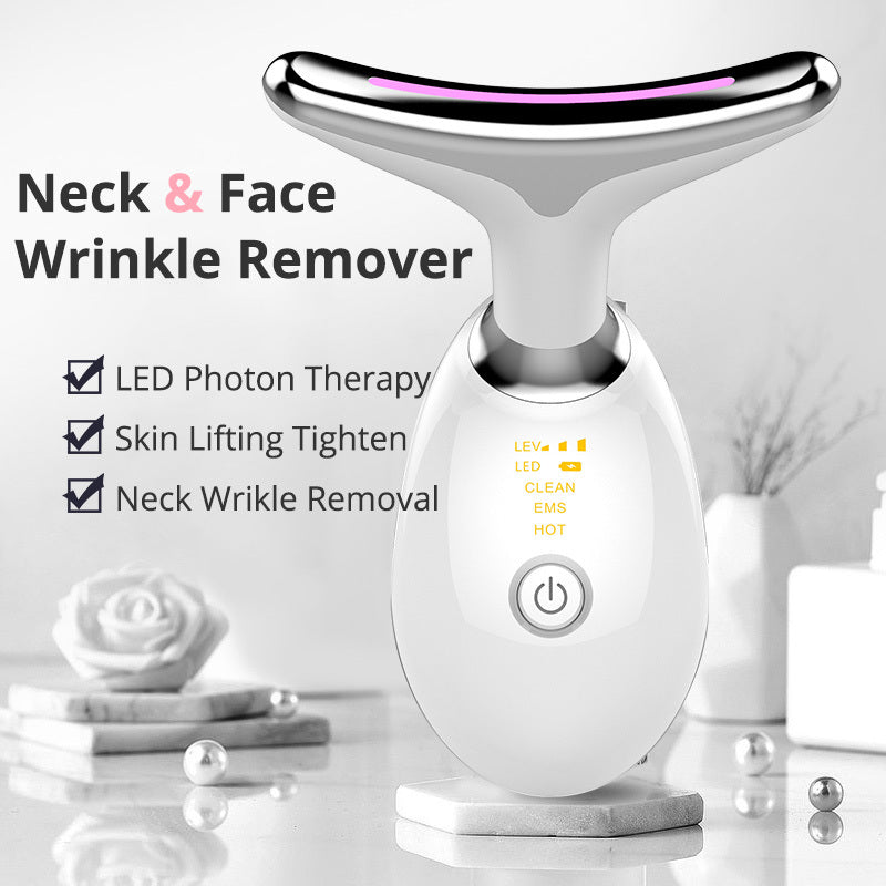 EMS wrinkle remover device for neck and face with LED photon therapy and skin tightening features
