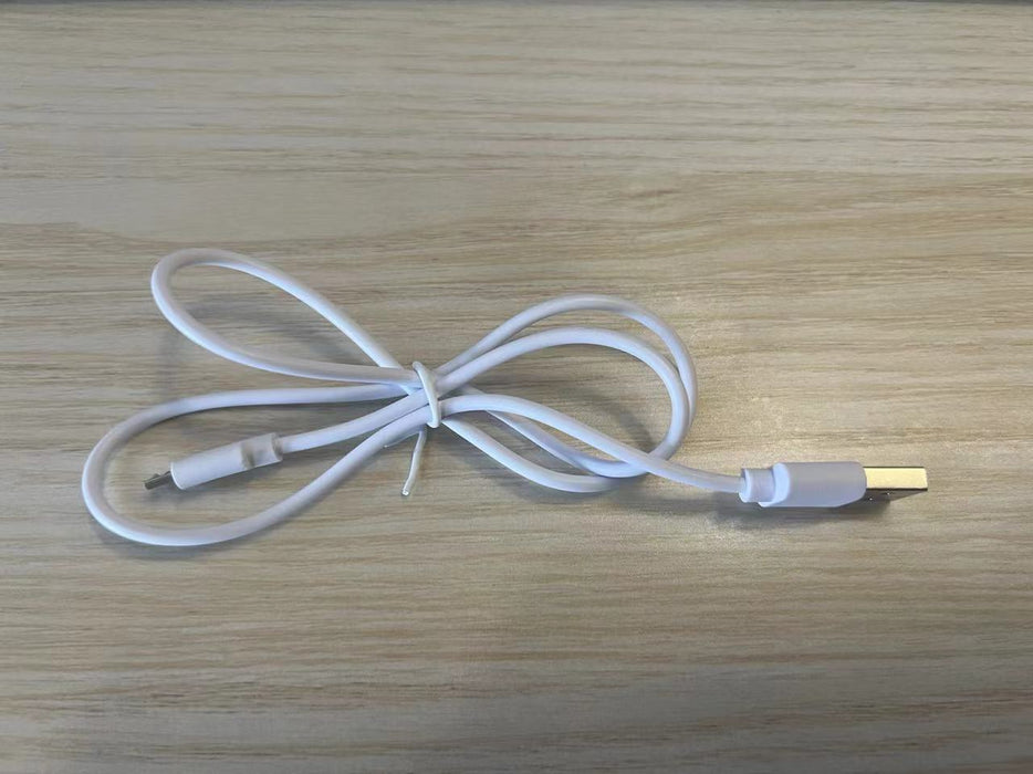 White USB charging cable for EMS wrinkle remover device on wooden surface