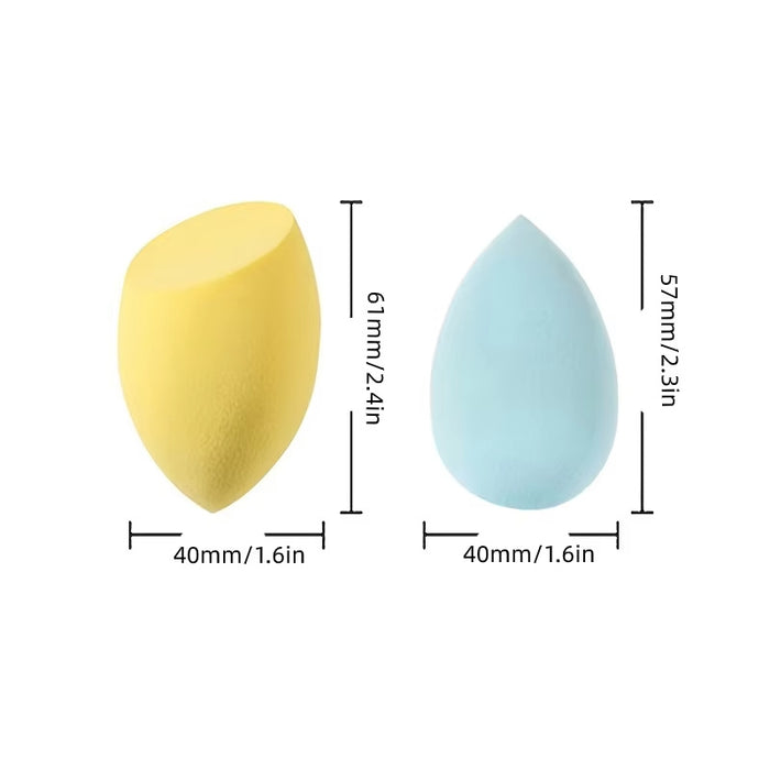 Yellow and blue makeup blending sponge with dimensions displayed for precise application