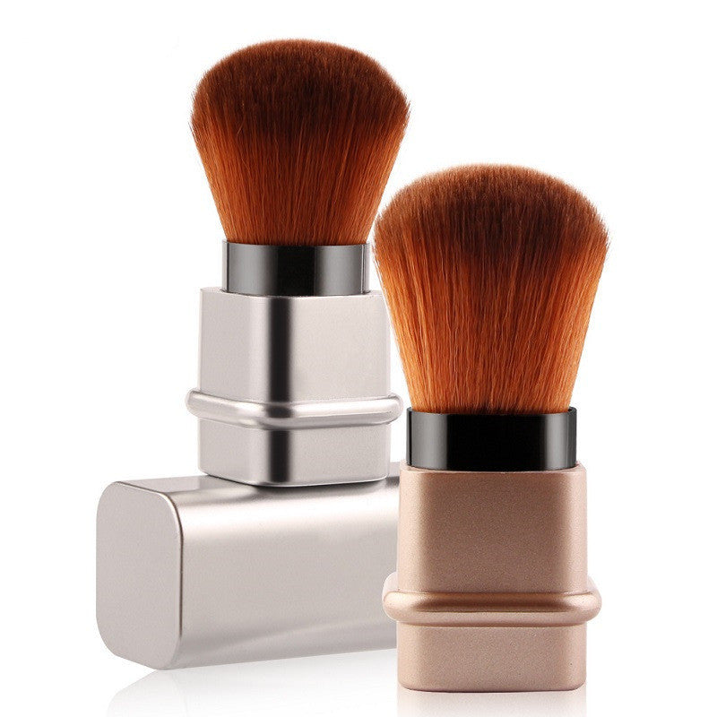 Compact travel makeup brush for foundation with soft dense bristles and protective metallic case
