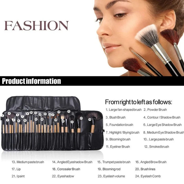 Professional makeup brush set with various brushes in black roll-up case for detailed cosmetic application