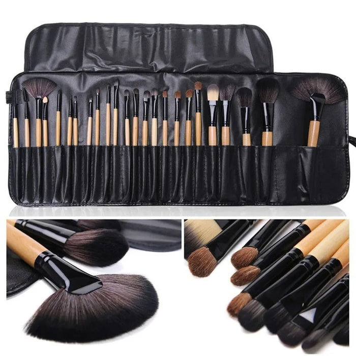 Professional makeup brush set with various brush types in a black carrying case for versatile application
